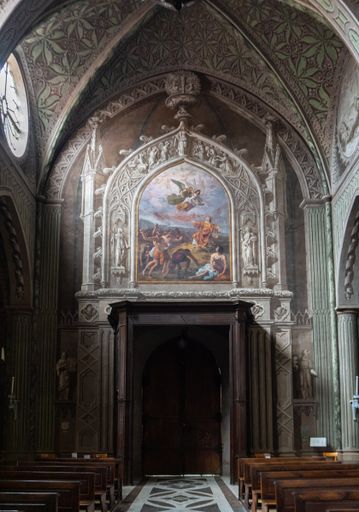 A vertical shot of the entrance door of the Saint Stephen's Cathedral in Biella, Italy
