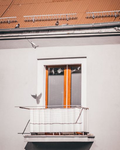 A close-up of a white window and railing with an orange bird perched on its edge