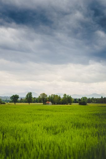 A vertical shot of a beautiful green field with an old barn visible in the distance located near alps of Bavaria, Germany
