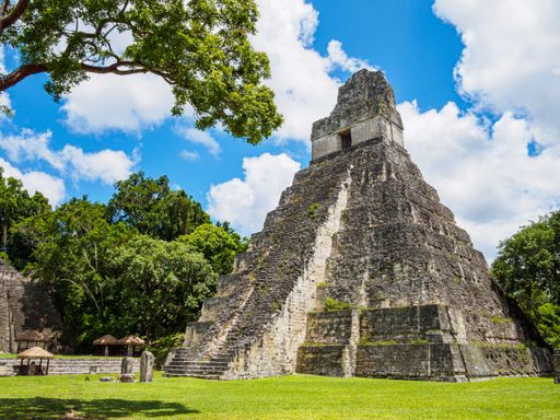 A scenic of Gran Jaguar temple in the main plaza of the archaeological site of Tikal, in Peten Guatemala