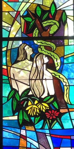 Stained Glass image of the Garden of Eden taken at St. Clement of Rome Church