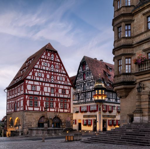 A closeup of Amazing cityscape of the most beautiful medieval fairytale in Germany, Rothenburg ob der Tauber