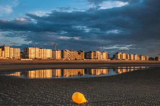 A beautiful view of a line of residential buildings under the bright sunlight reflected on a puddle