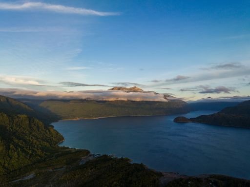 An aerial shot of Chapo Lake in Los Lagos Region, Chile.