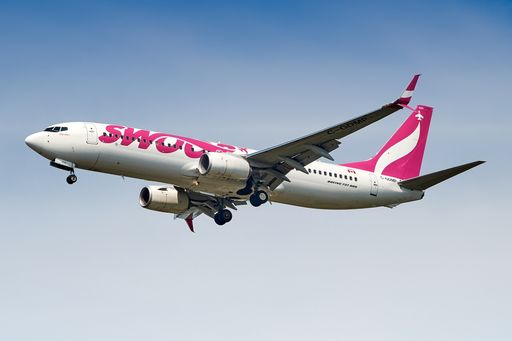 A Swoop Airlines Boeing 737-800 landing at its homebase Hamilton.