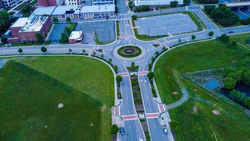 An aerial shot of a roundabout street in Winston-Salem, USA