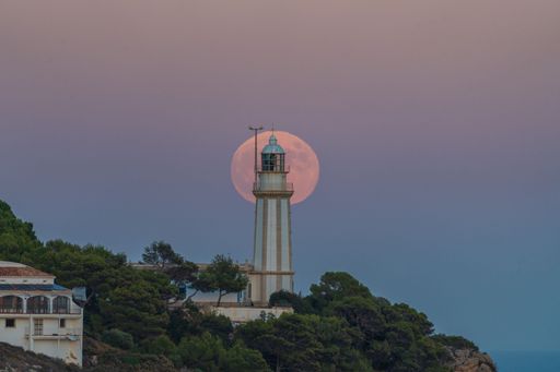 A stunning image of a full moon illuminated in the night sky as it rises above a lighthouse, silhouetted against a backdrop of lush trees