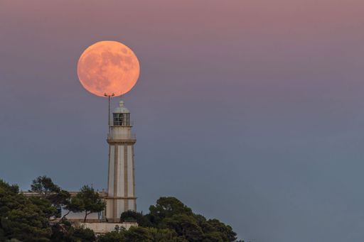 A stunning full moon is seen rising behind a lighthouse tower and silhouetted trees in a beautiful nighttime landscape