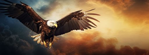 An eagle with extended wings perched on the ground in front of a backdrop of dark and stormy clouds