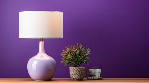 A contemporary scene featuring a wooden table with a purple lamp and potted plant set against a backdrop of vibrant purple walls