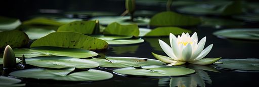 A close-up view of a vibrant flower resting atop a cluster of lily pads in a tranquil body of water