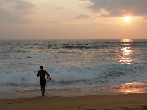 A back view of a man with a surfing board on the Hikkaduwa beach ready to surf during the sunset