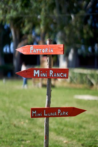 An outdoor wooden sign with two directions indicating two destinations in a park setting