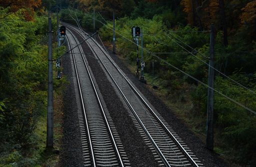 A scenic view of a railway line snaking through a lush autumnal forest, with a vibrant display of foliage in the backdrop