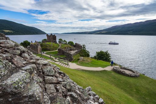 A high angle shot of the ruins of Urquhart Castle,  Loch Ness, in the Highlands, Scotland