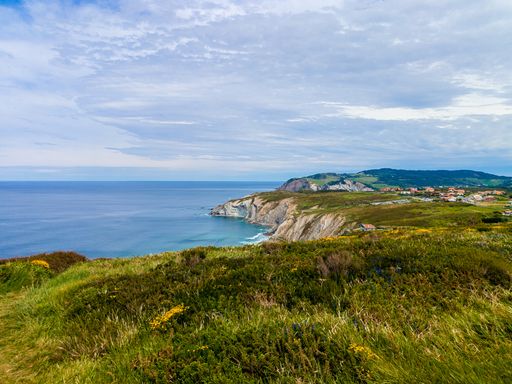 An aerial shot of a landscape with ocean and cloudy sky in the background