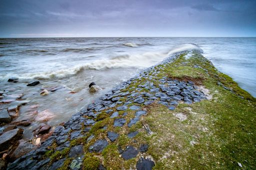 A landscape of the sea surrounded by rocks covered in mosses under a cloudy sky in the evening