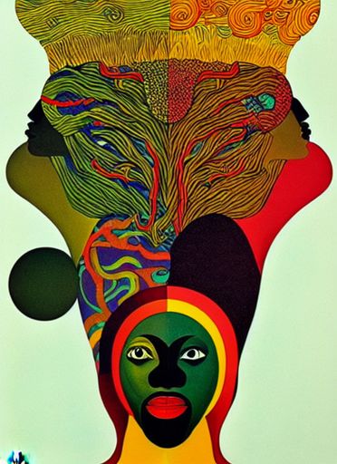 A stylized abstract drawing featuring a diverse group of individuals situated on a human head shape