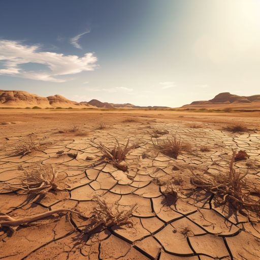 An arid landscape featuring dry, cracked earth and sparse patches of green grass in the center