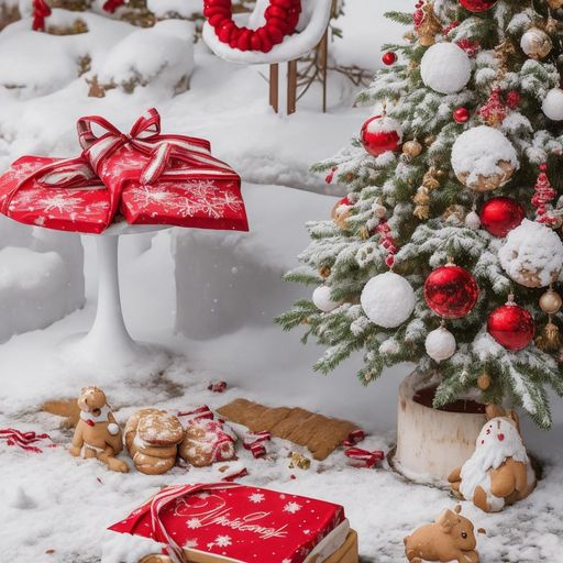 A festive Christmas tree in a winter wonderland setting with a blanket of snow