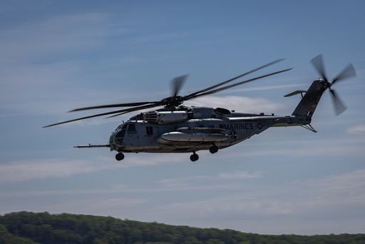 United States Marine MH-63 helicopter performing an aerial demonstration at an airshow in western Massachusetts