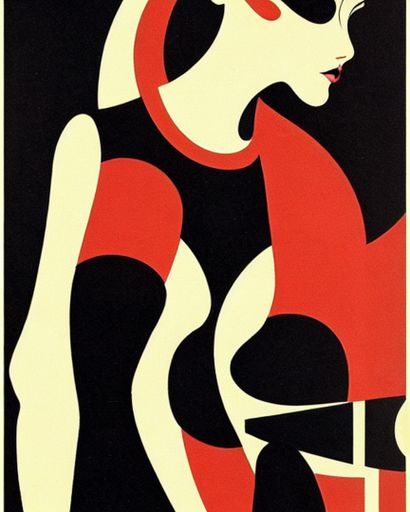 A vibrant poster featuring a woman in a black and red design