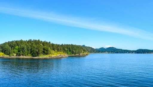 A beautiful shot of a sea surrounded by a lot of green hills under the beautiful blue sky