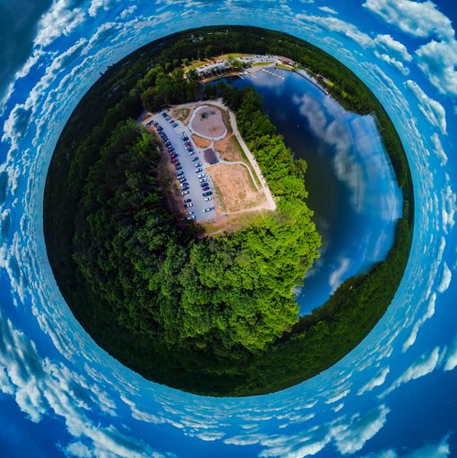 An aerial tiny planet shot of the Salem Lake near Winston Salem, NC
