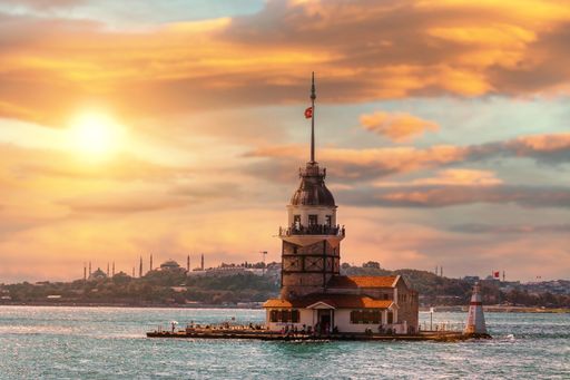 A beautiful view of Maiden's Tower in Turkey during the golden sunset