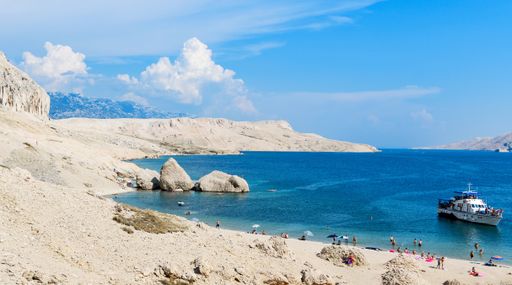 View of Beritnica beach on Pag island in Croatia. Popular tourist destination with amazing rock formations and beautiful coastline.