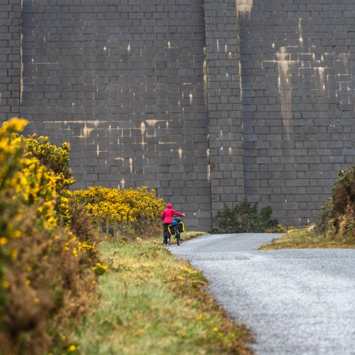 A vertical shot of a woman on the road with his bicycle near the Ben Crom Reservoir, North Ireland