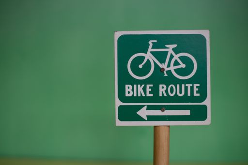 A closeup of a toy "BIKE ROUTE" direction sign against a green background