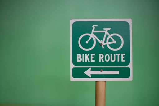 A closeup of a toy "BIKE ROUTE" direction sign against a green background