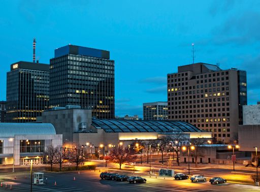 view of the city of syracuse, new york, looking northwest, before sunrise