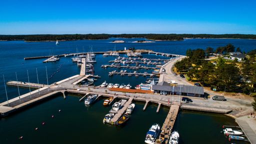 Aerial drone view of kasnas guest harbor, in the finnish archipelago, in Varsinais-suomi, Finland