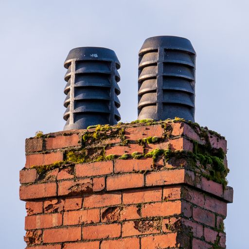 A closeup shot of an old brick chimney with two caps