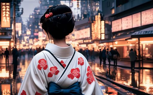 A young Japanese woman wearing a traditional kimono is walking through the rain, her hair and clothing getting wet from the raindrops
