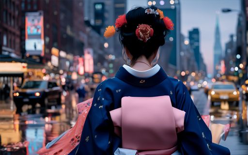A young Japanese woman wearing a traditional kimono is walking through the rain, her hair and clothing getting wet from the raindrops