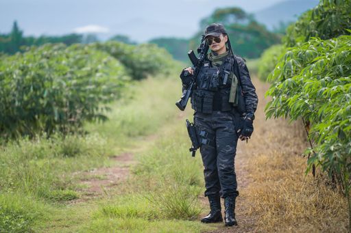 A military soldier stands ready for action with an assault rifle in hand, surrounded by lush shrubbery in the background