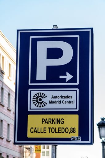 Madrid, Spain. April 6, 2021.Vertical shot of an authorized parking sign in central Madrid, at 88 Toledo Street.