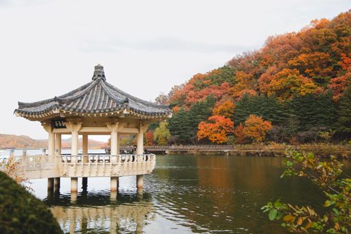 An Asian-style Pagoda in the middle of a tranquil Geumosan Reservoir, surrounded by lush green trees, Gumi, South Korea ,