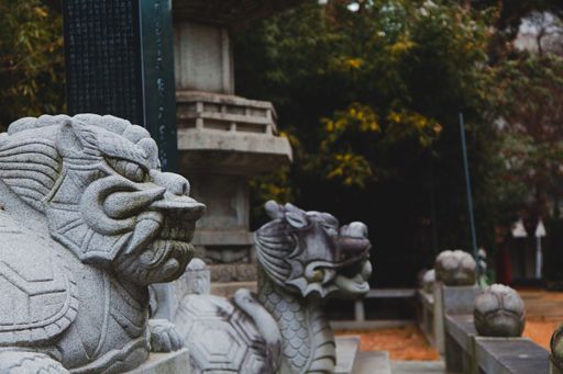 An image depicting a guardian dragon statues at one of the temples in Gumi City, South Korea.