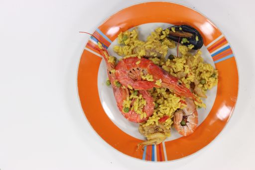 A takeaway menu fish paella rotisserie on a white background