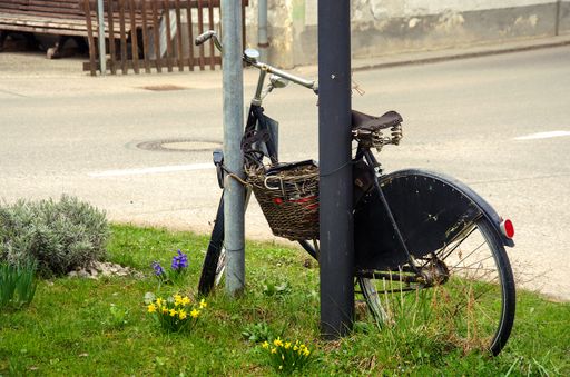 A bicycle parked in a ga