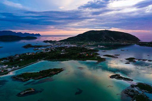 Aerial view of the Sommaroy island and Hillesoy mountain, sunny, summer evening, in North Norway