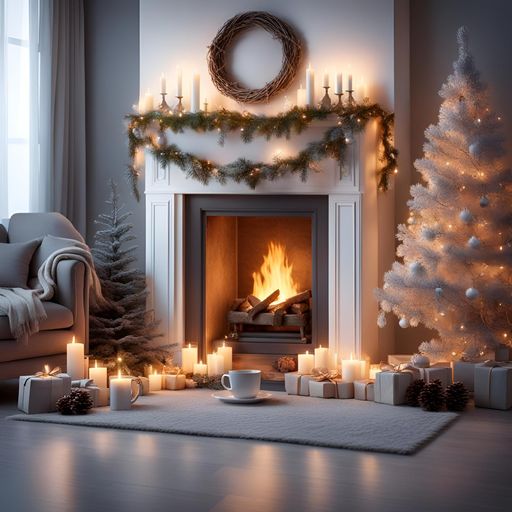 A festive living room decorated with a lit artificial Christmas tree and candles