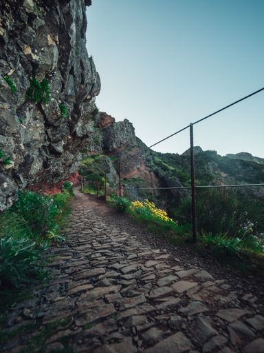 a vertical shot of a stone road near the rocky mountains under a clear sky
