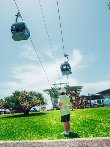 A vertical shot of a little cute boy looking up at ropeway gondola while standing on grass