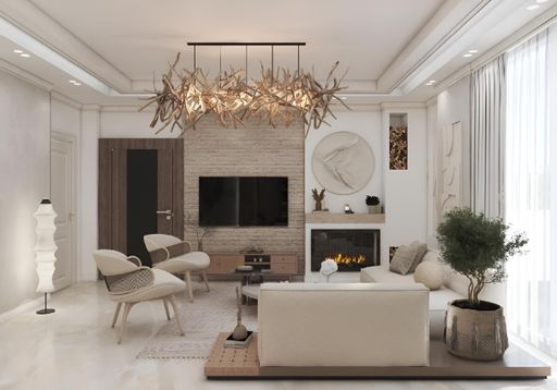 This contemporary living room features stylish furniture and bright white walls, creating a cozy atmosphere for relaxing and entertaining