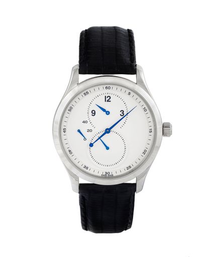 A closeup shot of a modern wristwatch on a white background